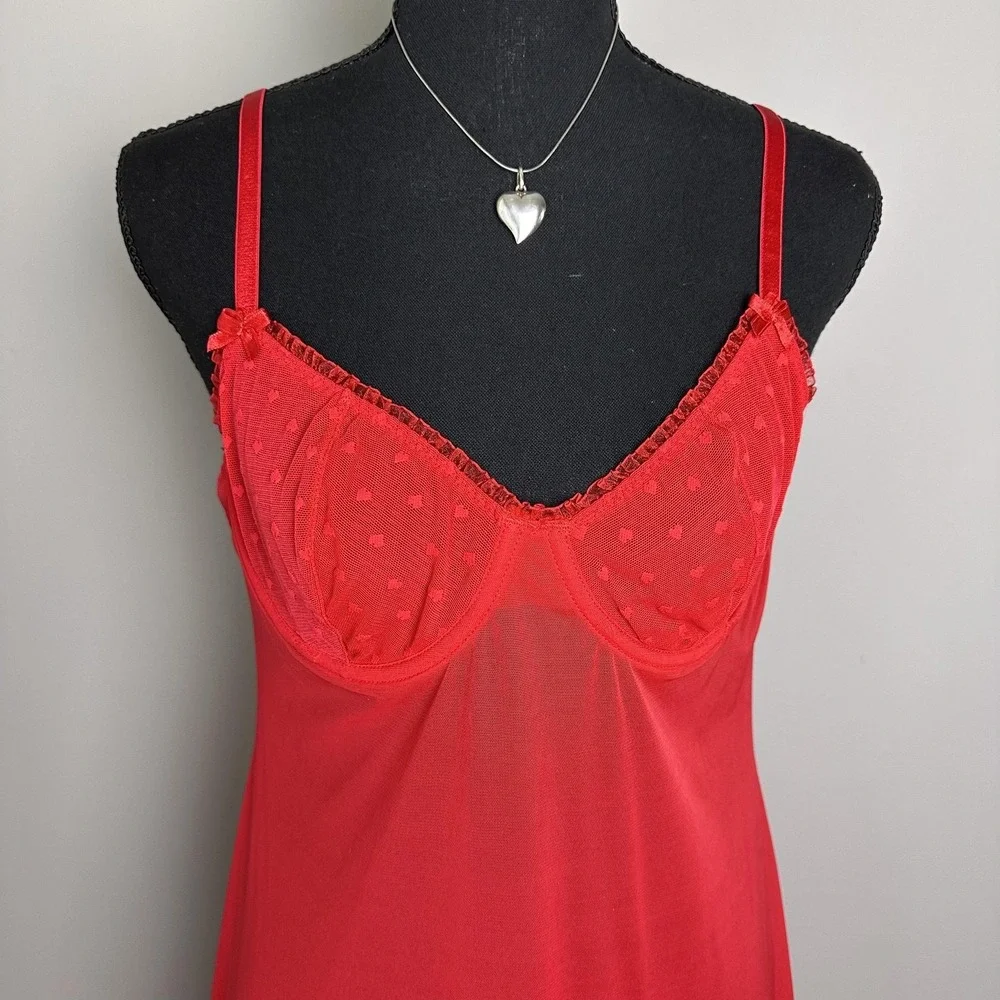 Sheer Babydoll Chemise‎ Womens Small Red Lingerie Slip Ruffle Mesh Underwire